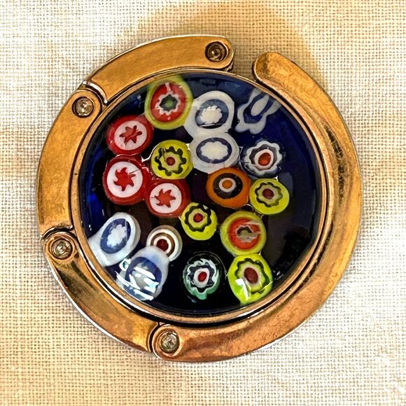 Blue Millefiori Glass Purse Hook With Foldable Metal Design - Picture 2 of 6